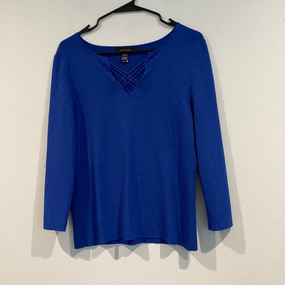 Pointelle Royal Blue Long Sleeve Blouse with Criss-Cross Neckline - Size Large